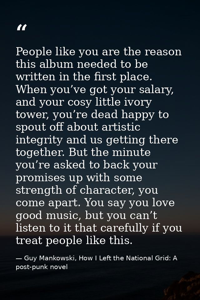People like you are the reason this album needed to be written in the first place. When you’ve got your salary, and your — Guy Mankowski, How I Left the National Grid: A post-punk novel