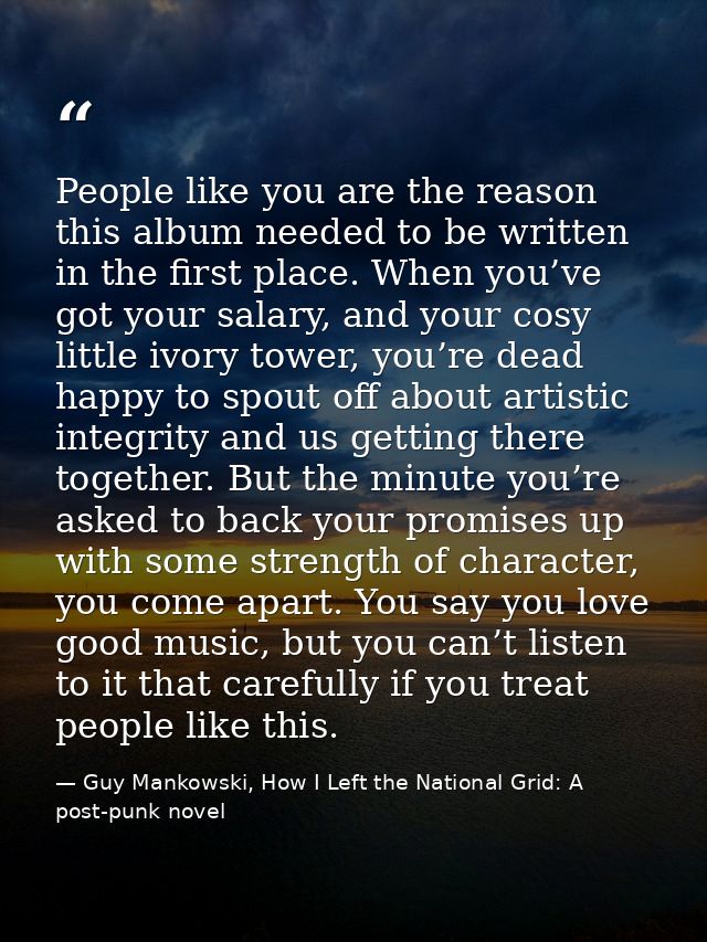 People like you are the reason this album needed to be written in the first place. When you’ve got your salary, and your — Guy Mankowski, How I Left the National Grid: A post-punk novel