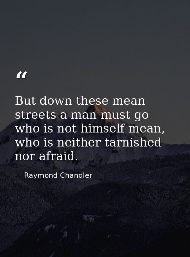 But down these mean streets a man must go who is not himself mean, who is neither tarnished nor afraid. — Raymond Chandler