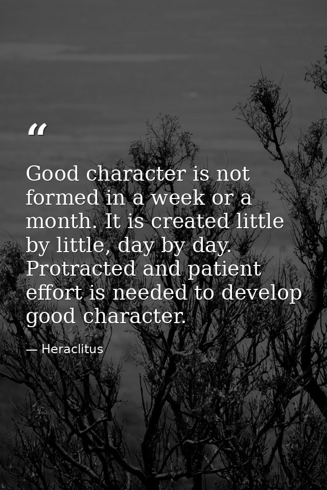 Good character is not formed in a week or a month. It is created little by little, day by day. Protracted and patient ef — Heraclitus