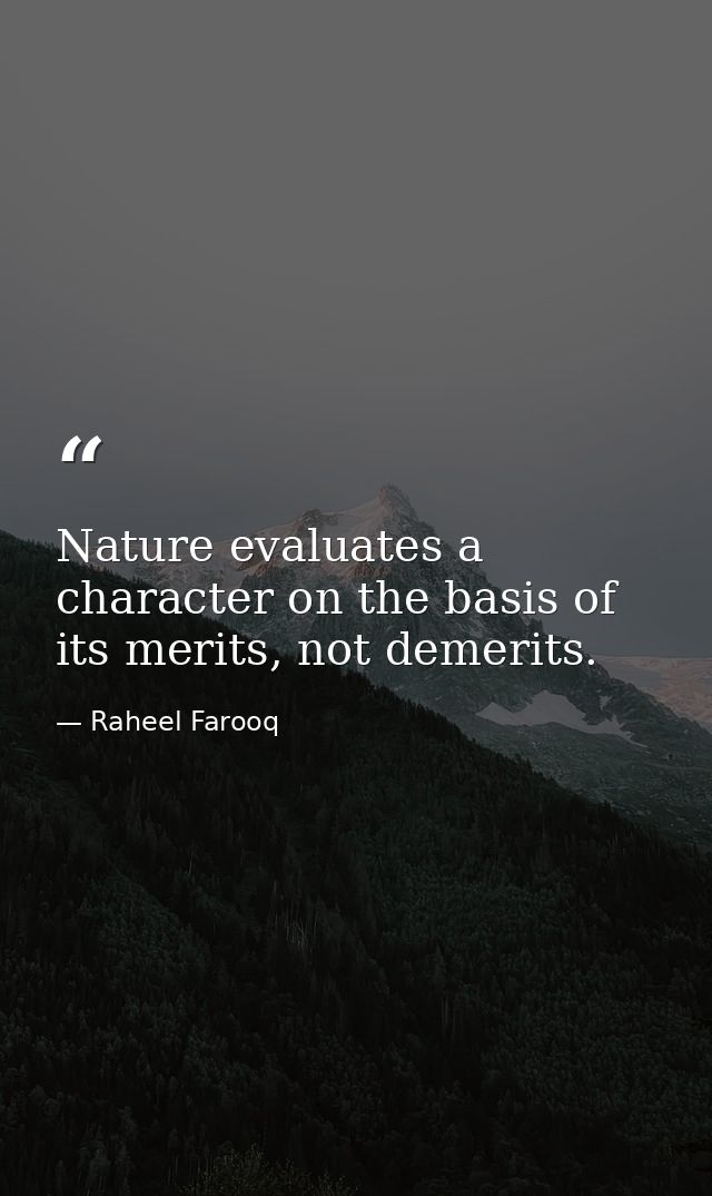 Nature evaluates a character on the basis of its merits, not demerits. — Raheel Farooq