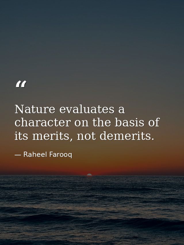 Nature evaluates a character on the basis of its merits, not demerits. — Raheel Farooq