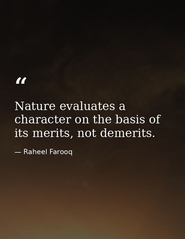 Nature evaluates a character on the basis of its merits, not demerits. — Raheel Farooq