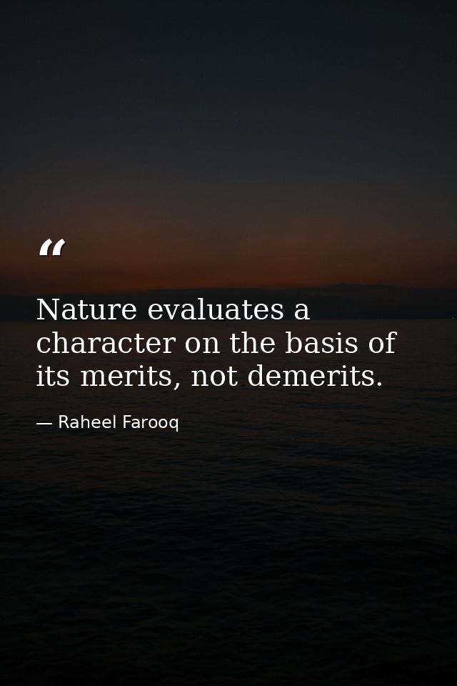 Nature evaluates a character on the basis of its merits, not demerits. — Raheel Farooq