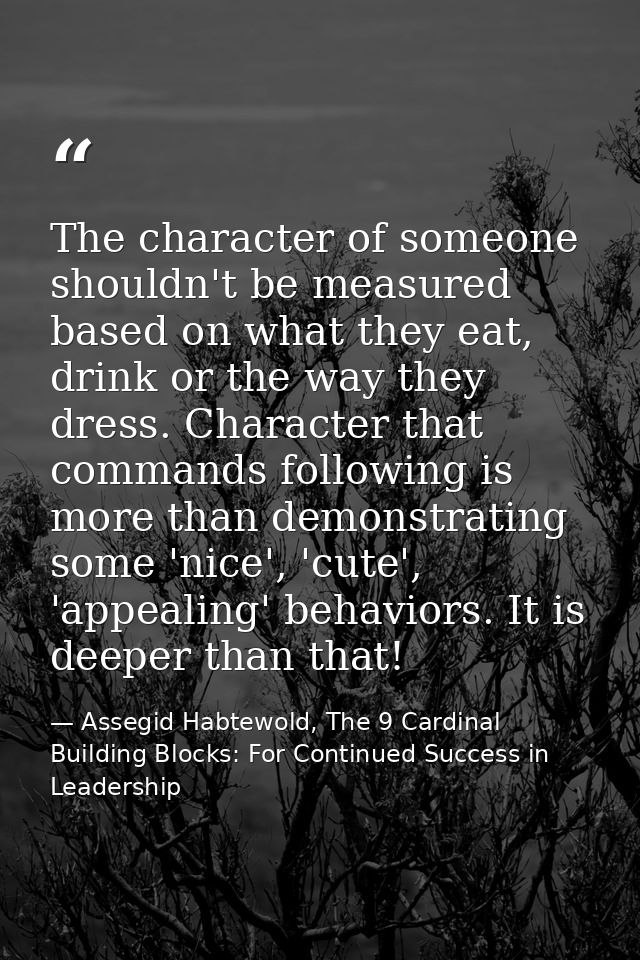 The character of someone shouldn't be measured based on what they eat, drink or the way they dress. Character that comma — Assegid Habtewold, The 9 Cardinal Building Blocks: For Continued Success in Leadership