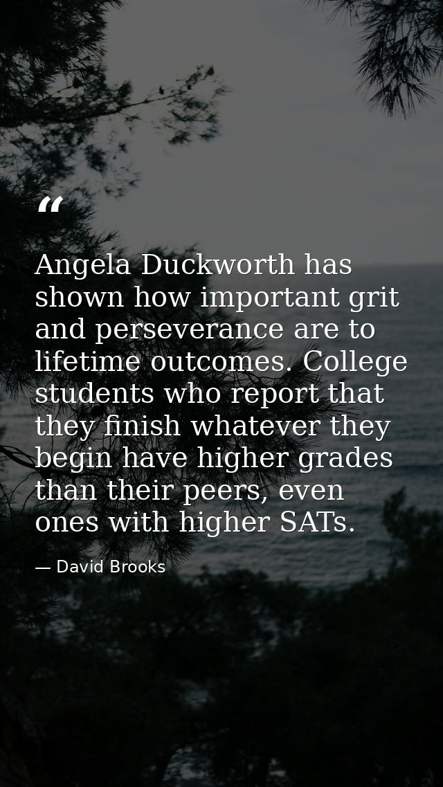 Angela Duckworth has shown how important grit and perseverance are to lifetime outcomes. College students who report tha — David Brooks