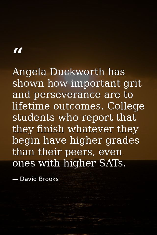 Angela Duckworth has shown how important grit and perseverance are to lifetime outcomes. College students who report tha — David Brooks