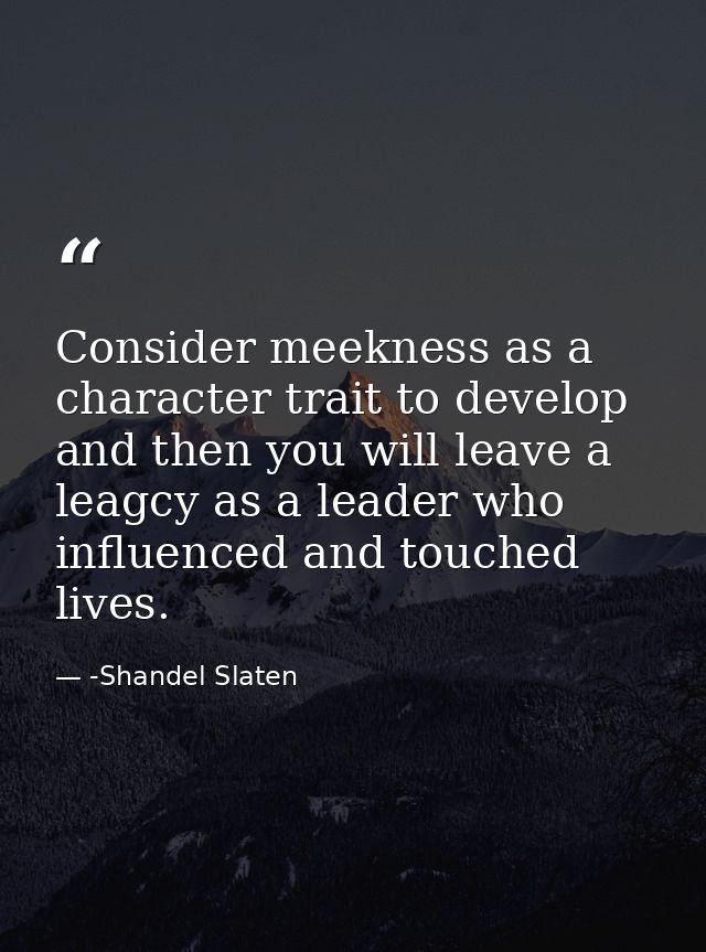 Consider meekness as a character trait to develop and then you will leave a leagcy as a leader who influenced and touche — -Shandel Slaten