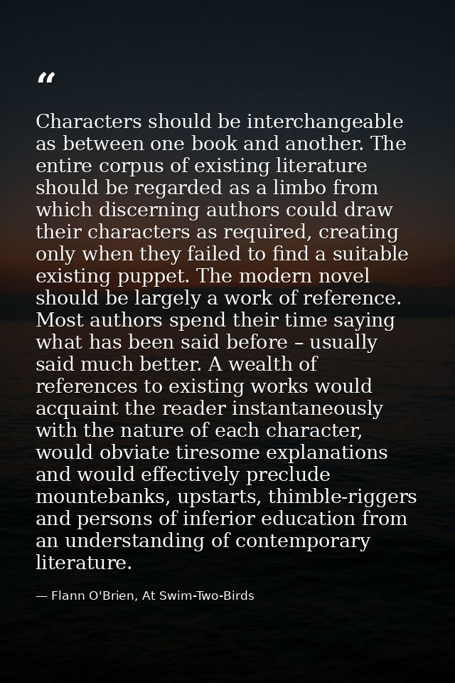 Characters should be interchangeable as between one book and another. The entire corpus of existing literature should be — Flann O'Brien, At Swim-Two-Birds