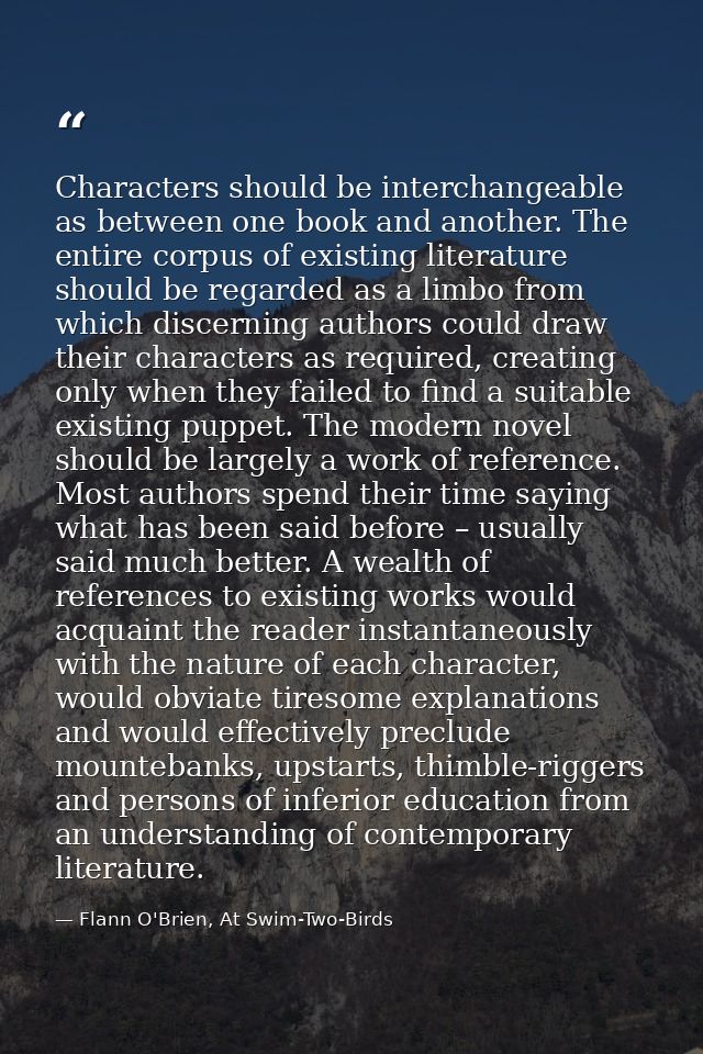 Characters should be interchangeable as between one book and another. The entire corpus of existing literature should be — Flann O'Brien, At Swim-Two-Birds