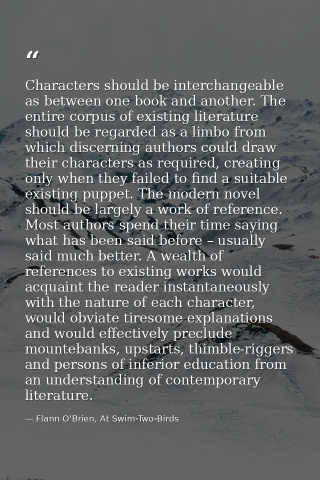 Characters should be interchangeable as between one book and another. The entire corpus of existing literature should be — Flann O'Brien, At Swim-Two-Birds