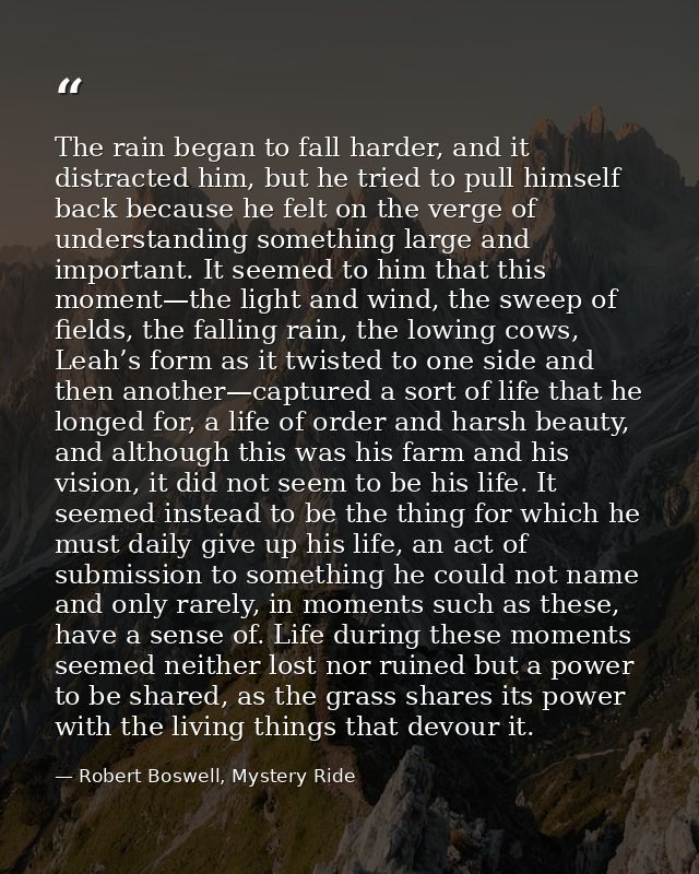 The rain began to fall harder, and it distracted him, but he tried to pull himself back because he felt on the verge of  — Robert Boswell, Mystery Ride