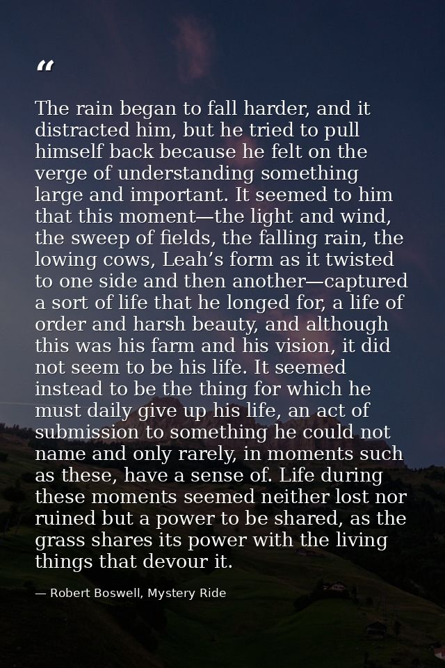 The rain began to fall harder, and it distracted him, but he tried to pull himself back because he felt on the verge of  — Robert Boswell, Mystery Ride