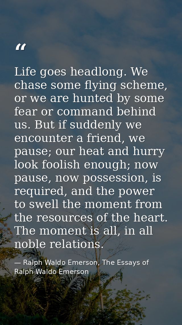 Life goes headlong. We chase some flying scheme, or we are hunted by some fear or command behind us. But if suddenly we  — Ralph Waldo Emerson, The Essays of Ralph Waldo Emerson