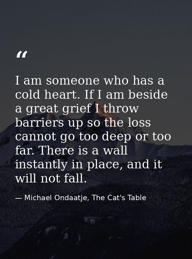 I am someone who has a cold heart. If I am beside a great grief I throw barriers up so the loss cannot go too deep or to — Michael Ondaatje, The Cat's Table