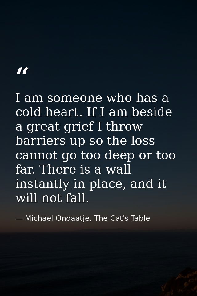 I am someone who has a cold heart. If I am beside a great grief I throw barriers up so the loss cannot go too deep or to — Michael Ondaatje, The Cat's Table