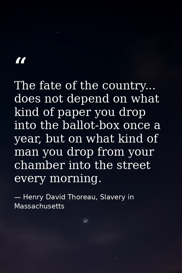 The fate of the country... does not depend on what kind of paper you drop into the ballot-box once a year, but on what k — Henry David Thoreau, Slavery in Massachusetts