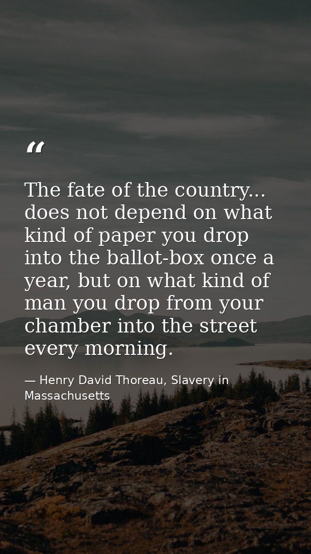 The fate of the country... does not depend on what kind of paper you drop into the ballot-box once a year, but on what k — Henry David Thoreau, Slavery in Massachusetts