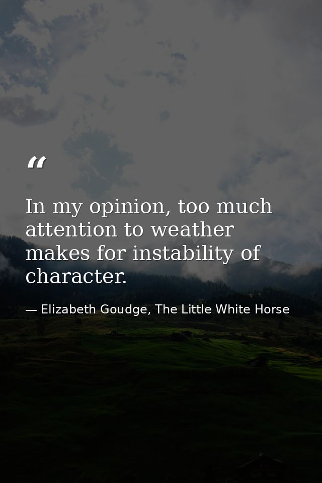 In my opinion, too much attention to weather makes for instability of character. — Elizabeth Goudge, The Little White Horse