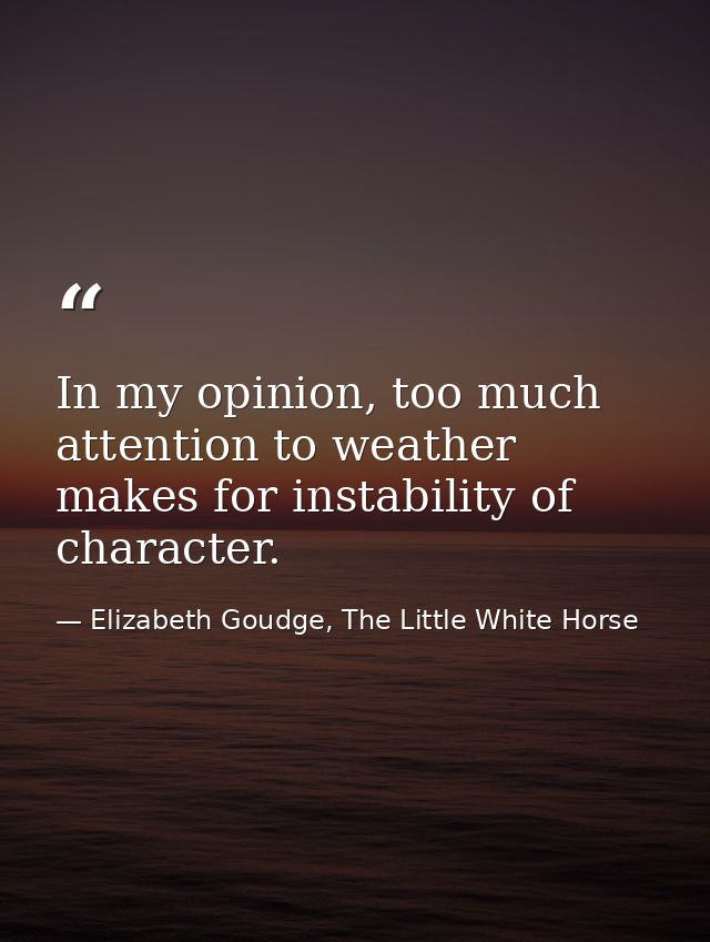 In my opinion, too much attention to weather makes for instability of character. — Elizabeth Goudge, The Little White Horse