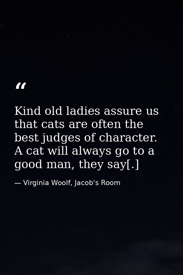 Kind old ladies assure us that cats are often the best judges of character. A cat will always go to a good man, they say — Virginia Woolf, Jacob's Room