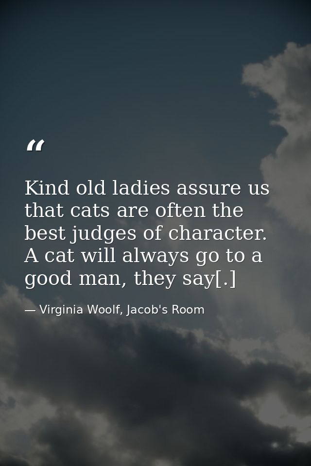 Kind old ladies assure us that cats are often the best judges of character. A cat will always go to a good man, they say — Virginia Woolf, Jacob's Room