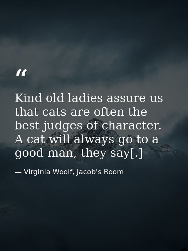 Kind old ladies assure us that cats are often the best judges of character. A cat will always go to a good man, they say — Virginia Woolf, Jacob's Room