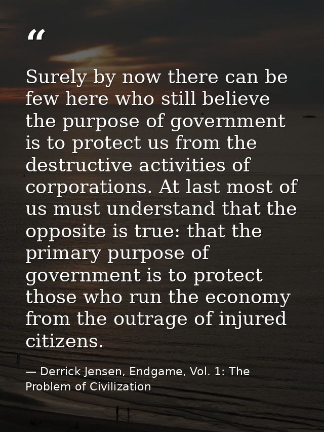 Surely by now there can be few here who still believe the purpose of government is to protect us from the destructive ac — Derrick Jensen, Endgame, Vol. 1: The Problem of Civilization