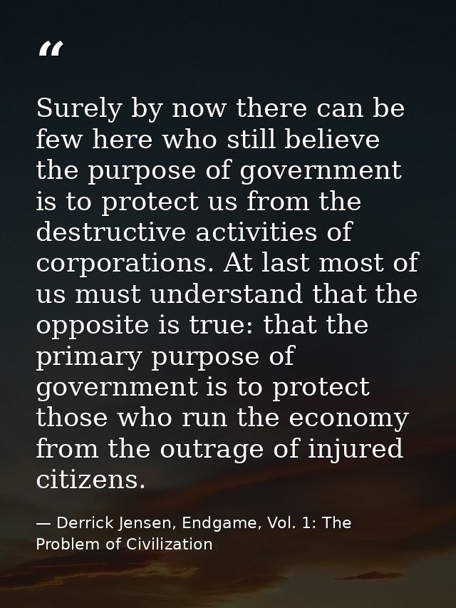 Surely by now there can be few here who still believe the purpose of government is to protect us from the destructive ac — Derrick Jensen, Endgame, Vol. 1: The Problem of Civilization