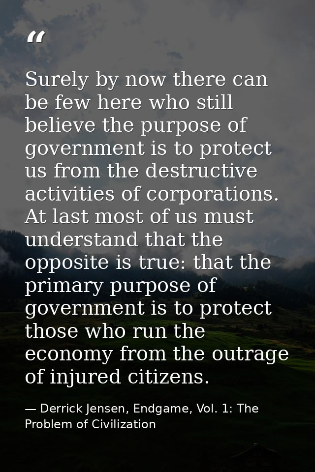 Surely by now there can be few here who still believe the purpose of government is to protect us from the destructive ac — Derrick Jensen, Endgame, Vol. 1: The Problem of Civilization