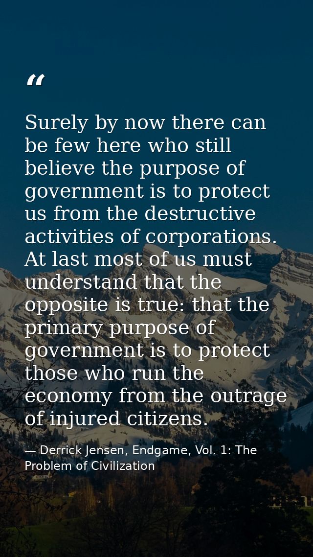 Surely by now there can be few here who still believe the purpose of government is to protect us from the destructive ac — Derrick Jensen, Endgame, Vol. 1: The Problem of Civilization