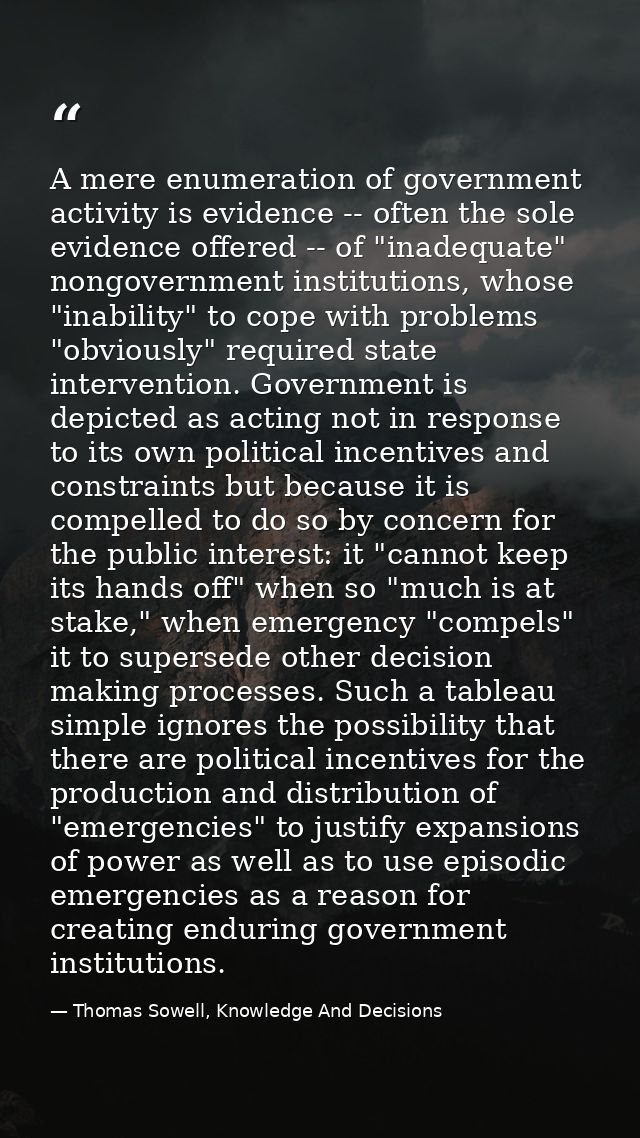 A mere enumeration of government activity is evidence -- often the sole evidence offered -- of "inadequate" nongovernmen — Thomas Sowell, Knowledge And Decisions