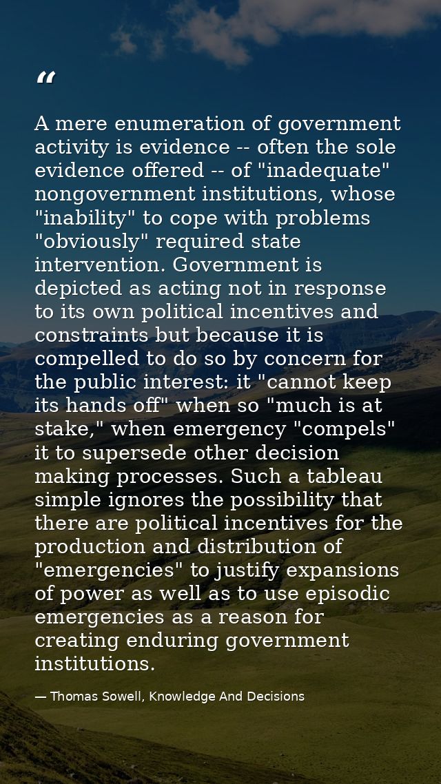 A mere enumeration of government activity is evidence -- often the sole evidence offered -- of "inadequate" nongovernmen — Thomas Sowell, Knowledge And Decisions