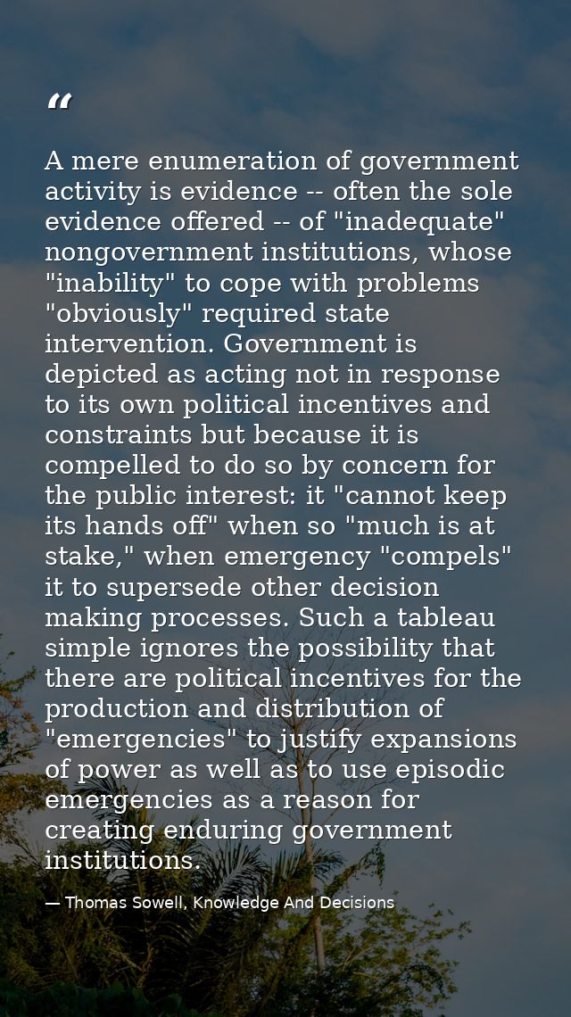 A mere enumeration of government activity is evidence -- often the sole evidence offered -- of "inadequate" nongovernmen — Thomas Sowell, Knowledge And Decisions