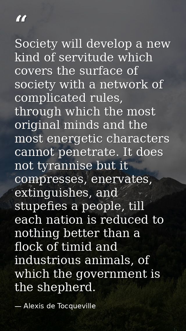 Society will develop a new kind of servitude which covers the surface of society with a network of complicated rules, th — Alexis de Tocqueville
