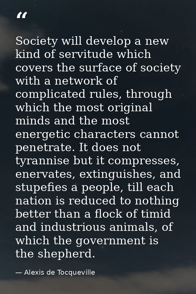 Society will develop a new kind of servitude which covers the surface of society with a network of complicated rules, th — Alexis de Tocqueville