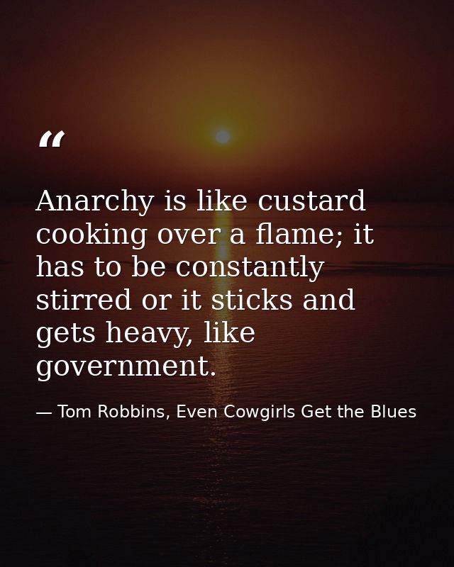 Anarchy is like custard cooking over a flame; it has to be constantly stirred or it sticks and gets heavy, like governme — Tom Robbins, Even Cowgirls Get the Blues