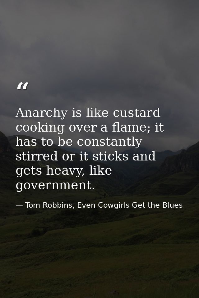 Anarchy is like custard cooking over a flame; it has to be constantly stirred or it sticks and gets heavy, like governme — Tom Robbins, Even Cowgirls Get the Blues