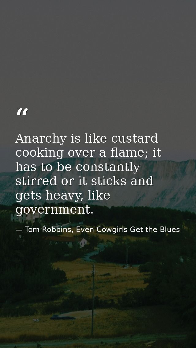 Anarchy is like custard cooking over a flame; it has to be constantly stirred or it sticks and gets heavy, like governme — Tom Robbins, Even Cowgirls Get the Blues