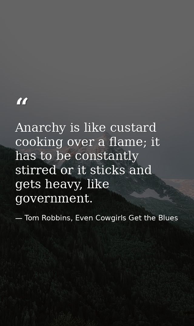 Anarchy is like custard cooking over a flame; it has to be constantly stirred or it sticks and gets heavy, like governme — Tom Robbins, Even Cowgirls Get the Blues