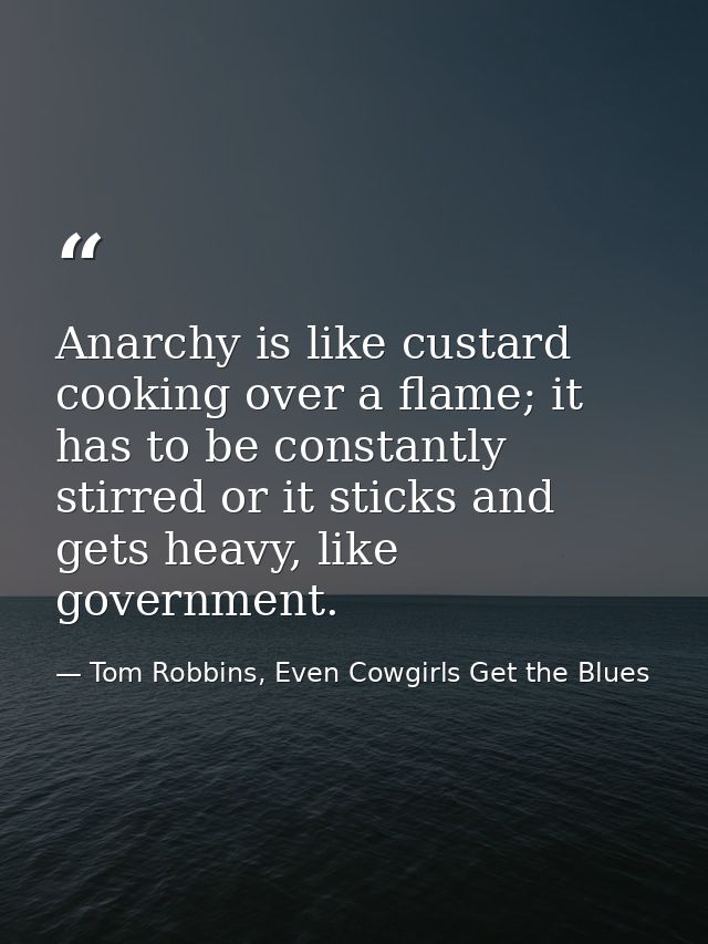 Anarchy is like custard cooking over a flame; it has to be constantly stirred or it sticks and gets heavy, like governme — Tom Robbins, Even Cowgirls Get the Blues