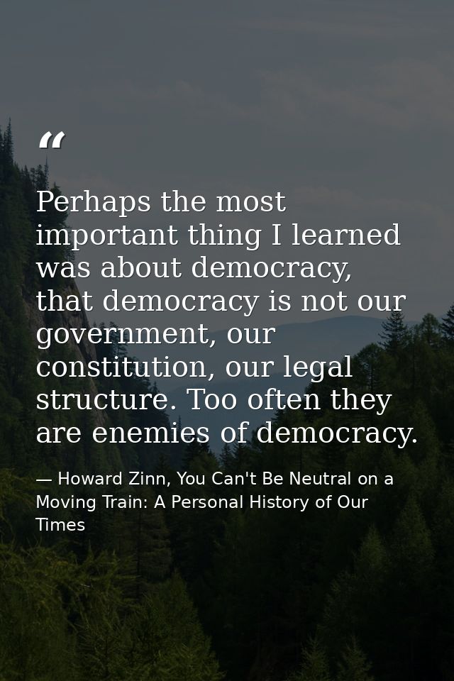 Perhaps the most important thing I learned was about democracy, that democracy is not our government, our constitution,  — Howard Zinn, You Can't Be Neutral on a Moving Train: A Personal History of Our Times