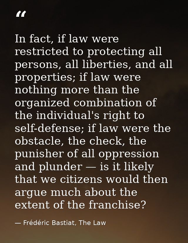 In fact, if law were restricted to protecting all persons, all liberties, and all properties; if law were nothing more t — Frédéric Bastiat, The Law