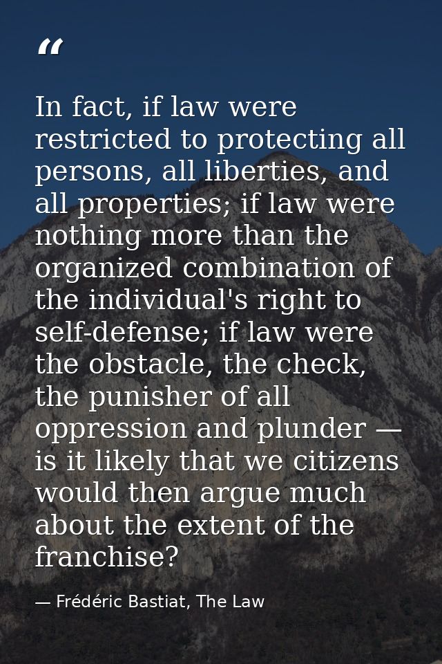 In fact, if law were restricted to protecting all persons, all liberties, and all properties; if law were nothing more t — Frédéric Bastiat, The Law