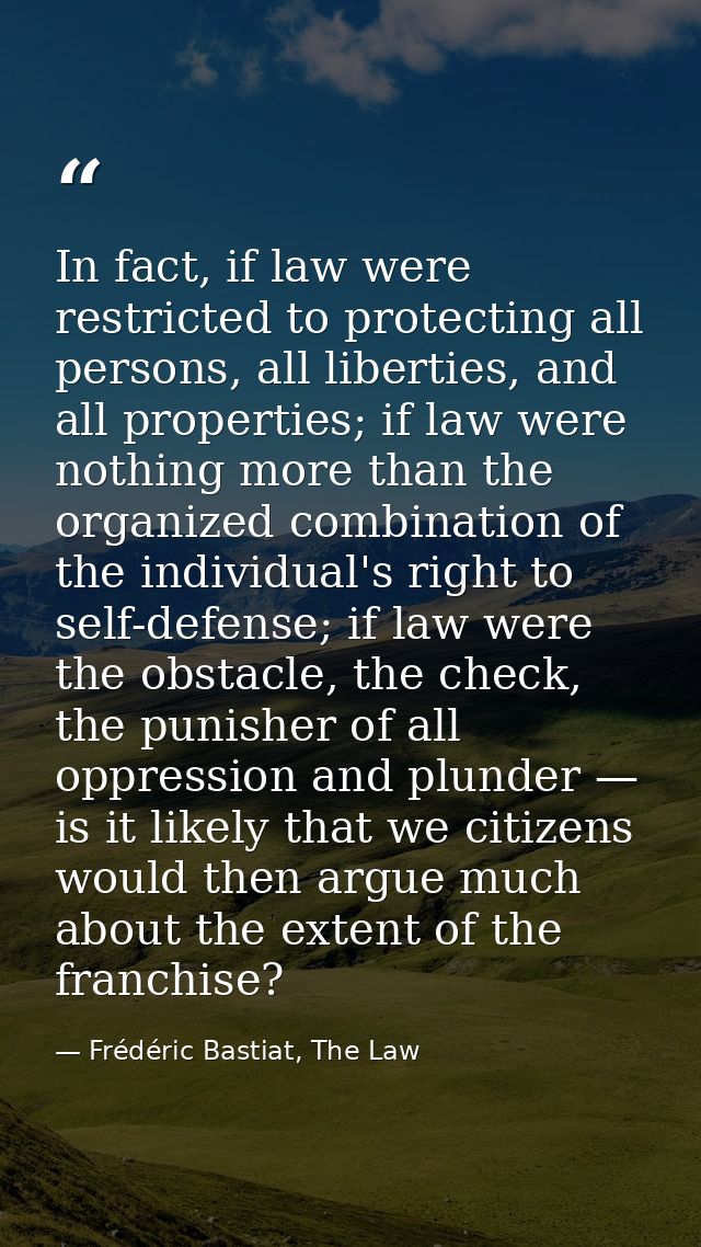 In fact, if law were restricted to protecting all persons, all liberties, and all properties; if law were nothing more t — Frédéric Bastiat, The Law