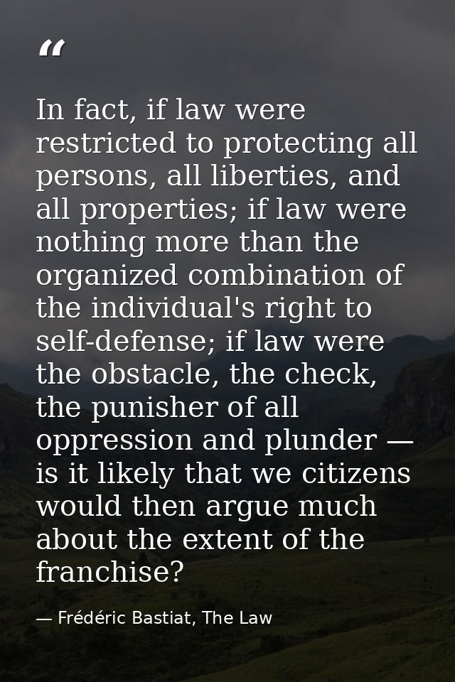 In fact, if law were restricted to protecting all persons, all liberties, and all properties; if law were nothing more t — Frédéric Bastiat, The Law
