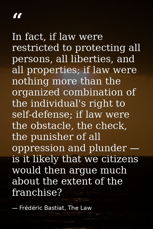 In fact, if law were restricted to protecting all persons, all liberties, and all properties; if law were nothing more t — Frédéric Bastiat, The Law