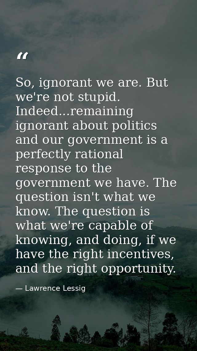 So, ignorant we are. But we're not stupid. Indeed...remaining ignorant about politics and our government is a perfectly  — Lawrence Lessig