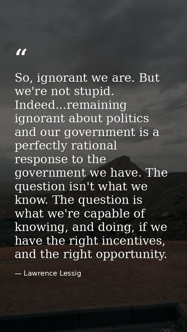 So, ignorant we are. But we're not stupid. Indeed...remaining ignorant about politics and our government is a perfectly  — Lawrence Lessig