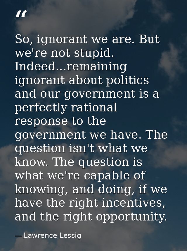 So, ignorant we are. But we're not stupid. Indeed...remaining ignorant about politics and our government is a perfectly  — Lawrence Lessig